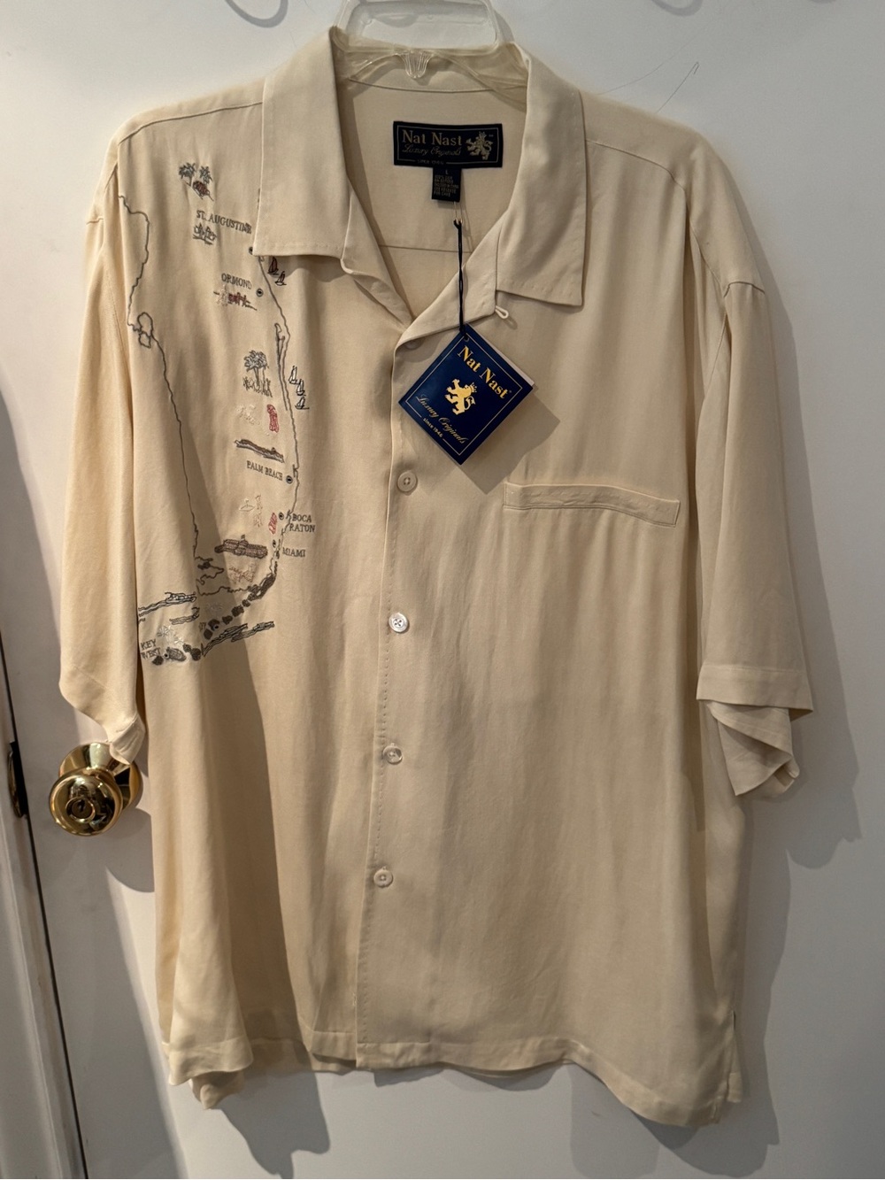 Nat Nast Cream Short-Sleeve Camp Collar Button-Down with Map Print